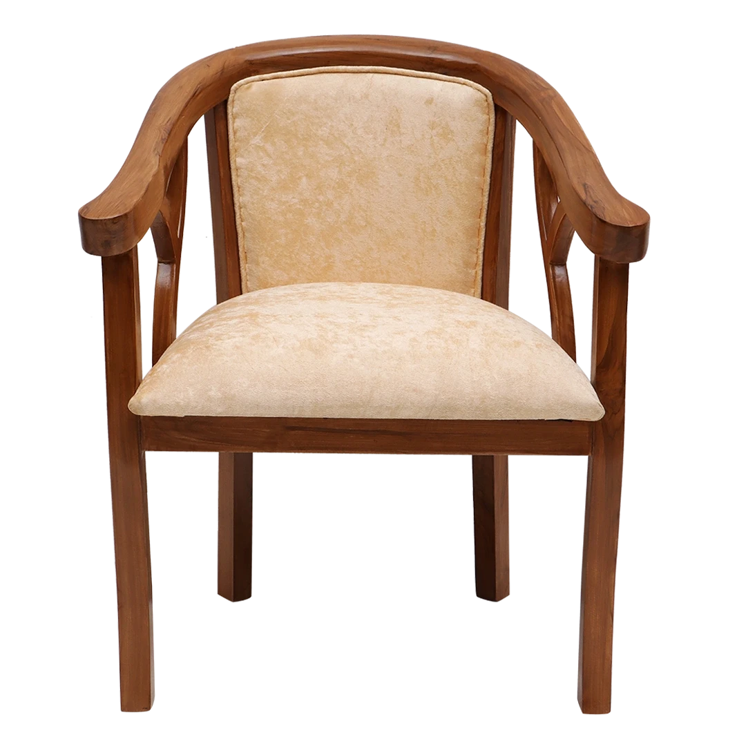 Comfy Teak Wood Fabric Upholstered Arm Chairs in Teak-Beige color front view
