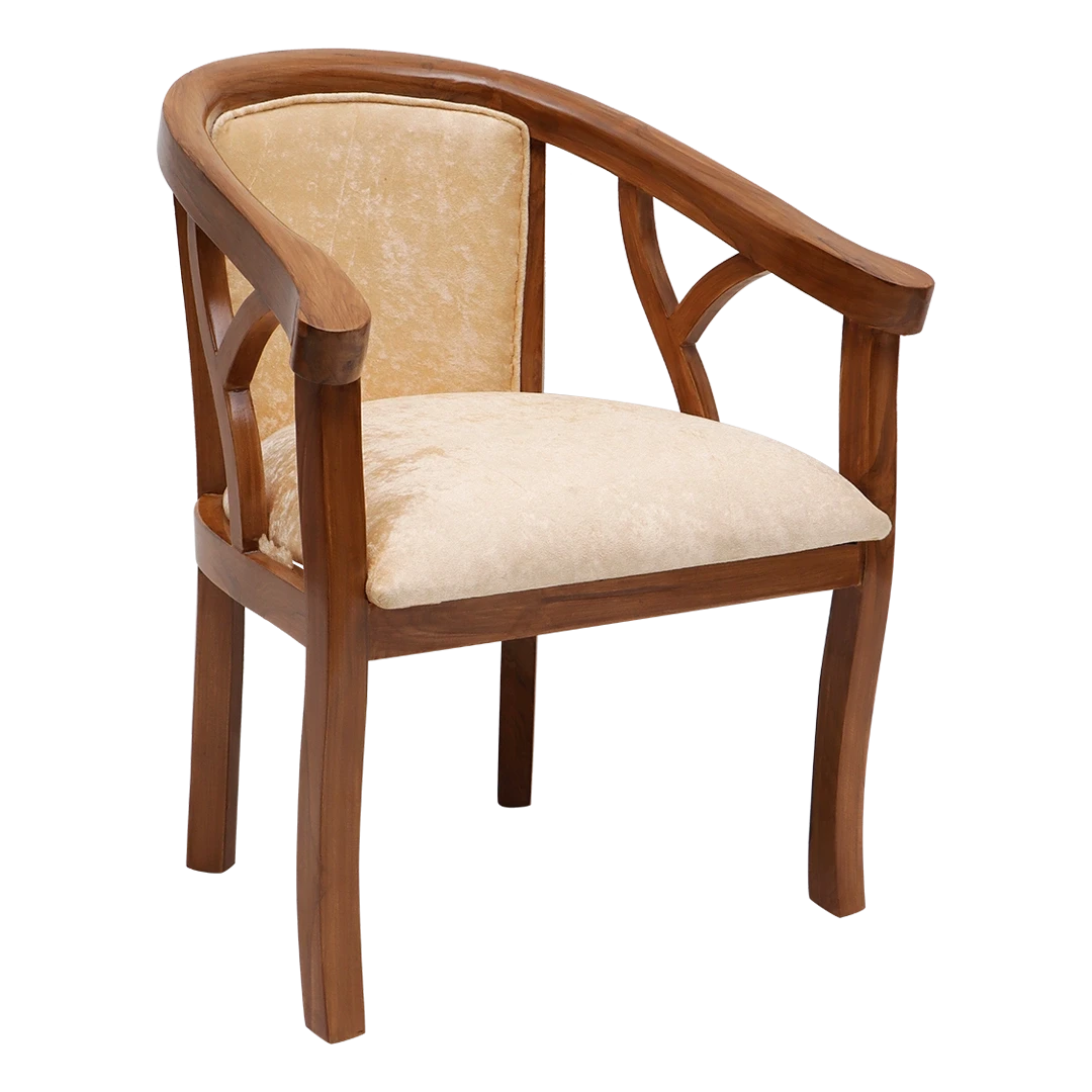 Comfy Teak Wood Fabric Upholstered Arm Chairs in Teak-Beige color 45° side view
