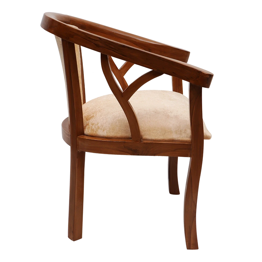 Comfy Teak Wood Fabric Upholstered Arm Chairs in Teak-Beige color side view