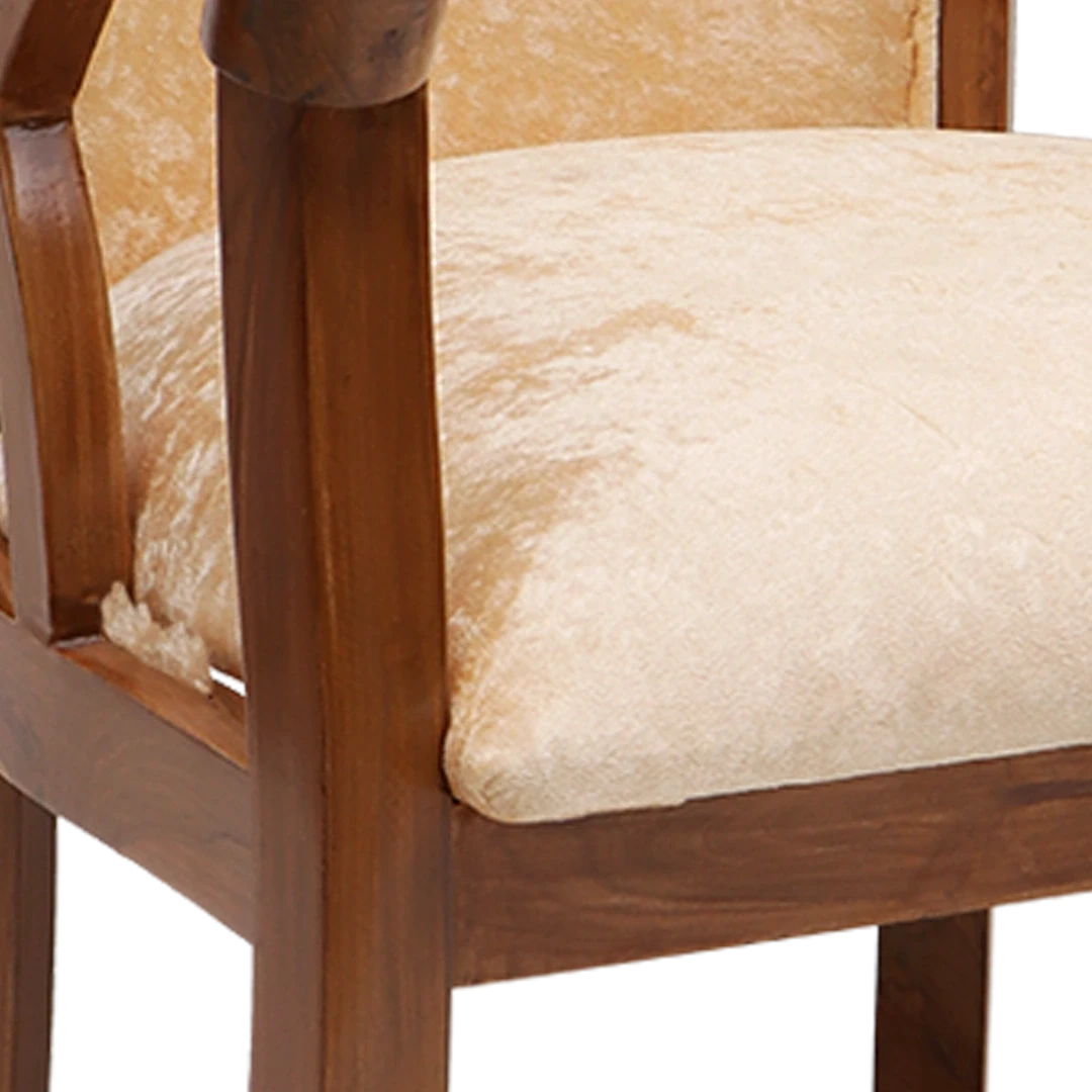 Comfy Teak Wood Fabric Upholstered Arm Chairs in Teak-Beige color zoom view cushion
