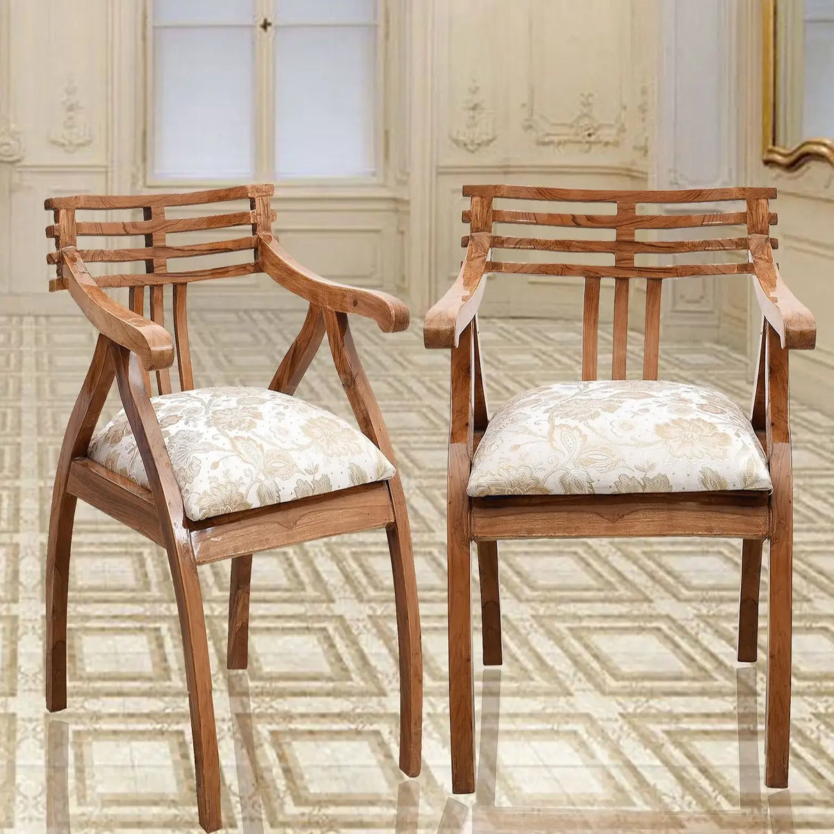 Cubico Modern Upholstered Armchair with Tapered Legs Teak Beige color lifestyle image