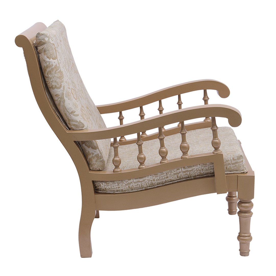 Ancient INDIA Teak Wood Fabric Upholstered Arm Chairs (Teak Beige)