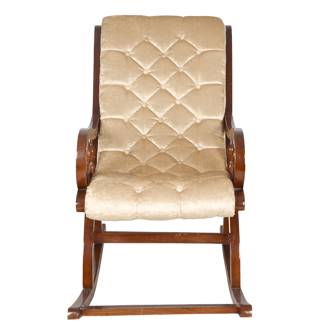 Touffy Fabric Upholstered Teak Wood Rocking Chair in Teak Gold color front view