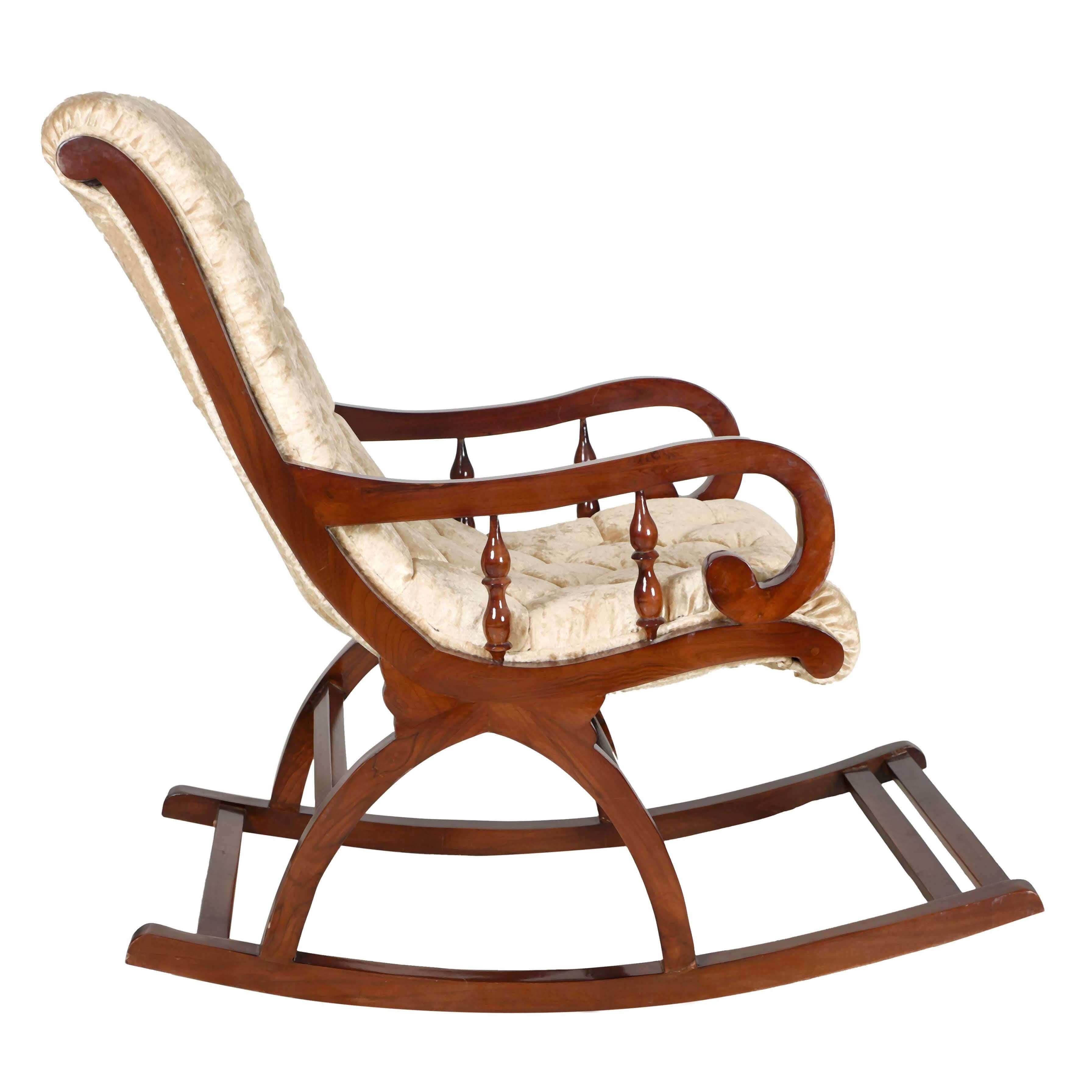 Touffy Fabric Upholstered Teak Wood Rocking Chair in Teak Gold color side view