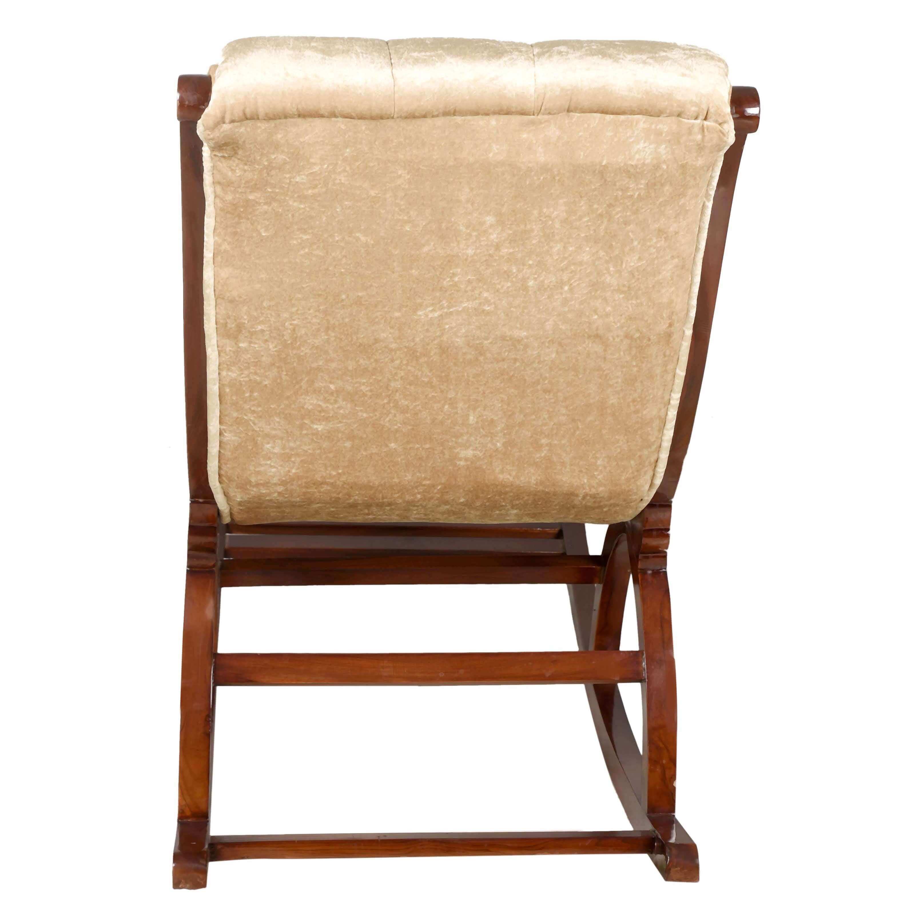 Touffy Fabric Upholstered Teak Wood Rocking Chair in Teak Gold color back view