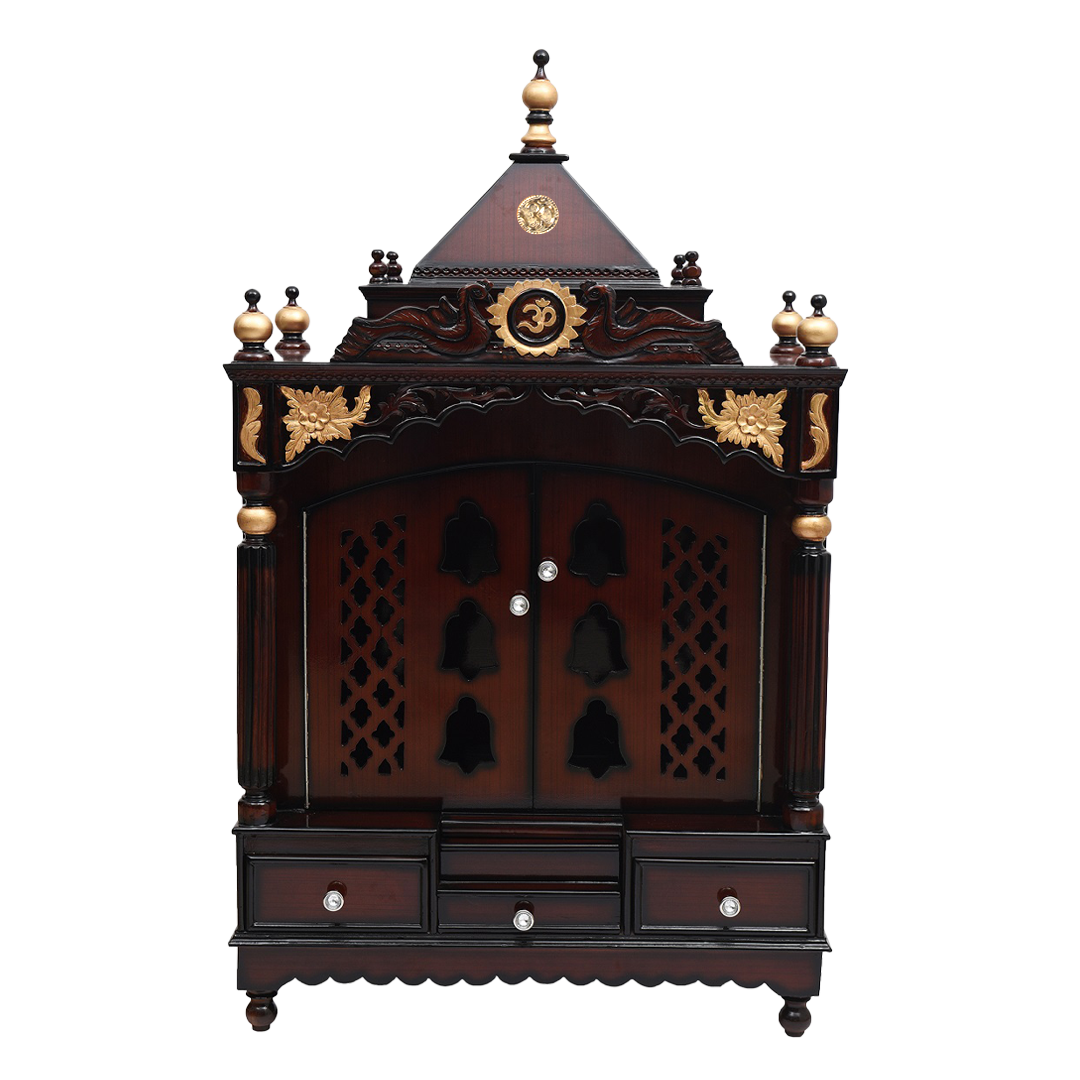 Pooja Graham Large Floor Rested Wooden Temple with Door (Brown Gold)