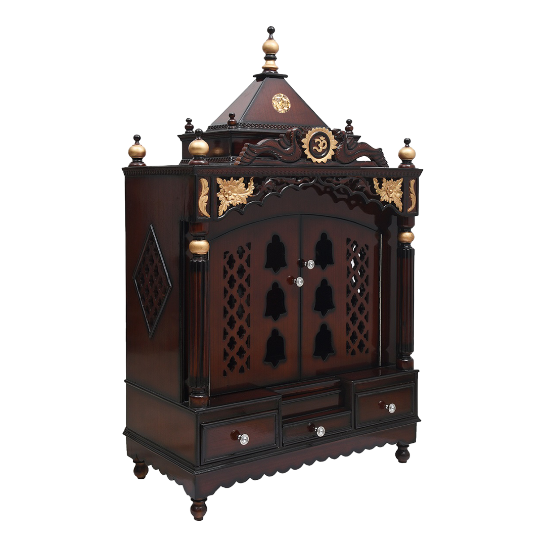 Pooja Graham Large Floor Rested Wooden Temple with Door (Brown Gold)