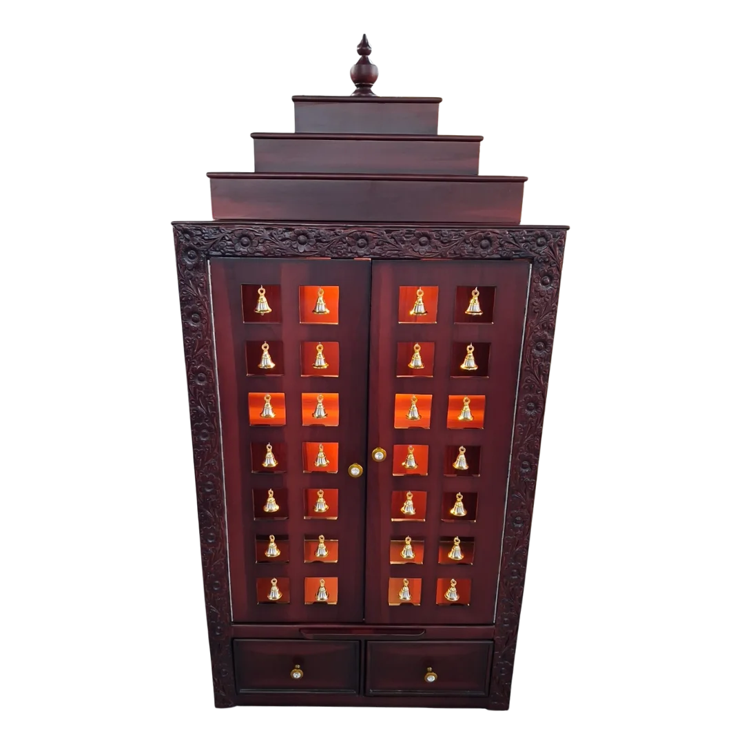Devalaya Teak Wood Mandir (Brown) front view with light 