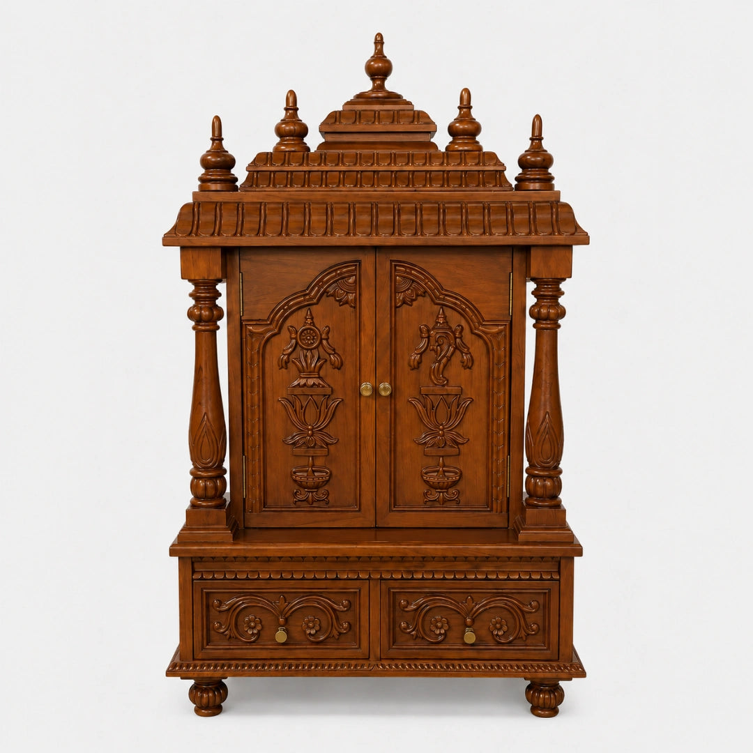 Devayan Teak Wood Pooja Mandir With Doors (Teak) Front View