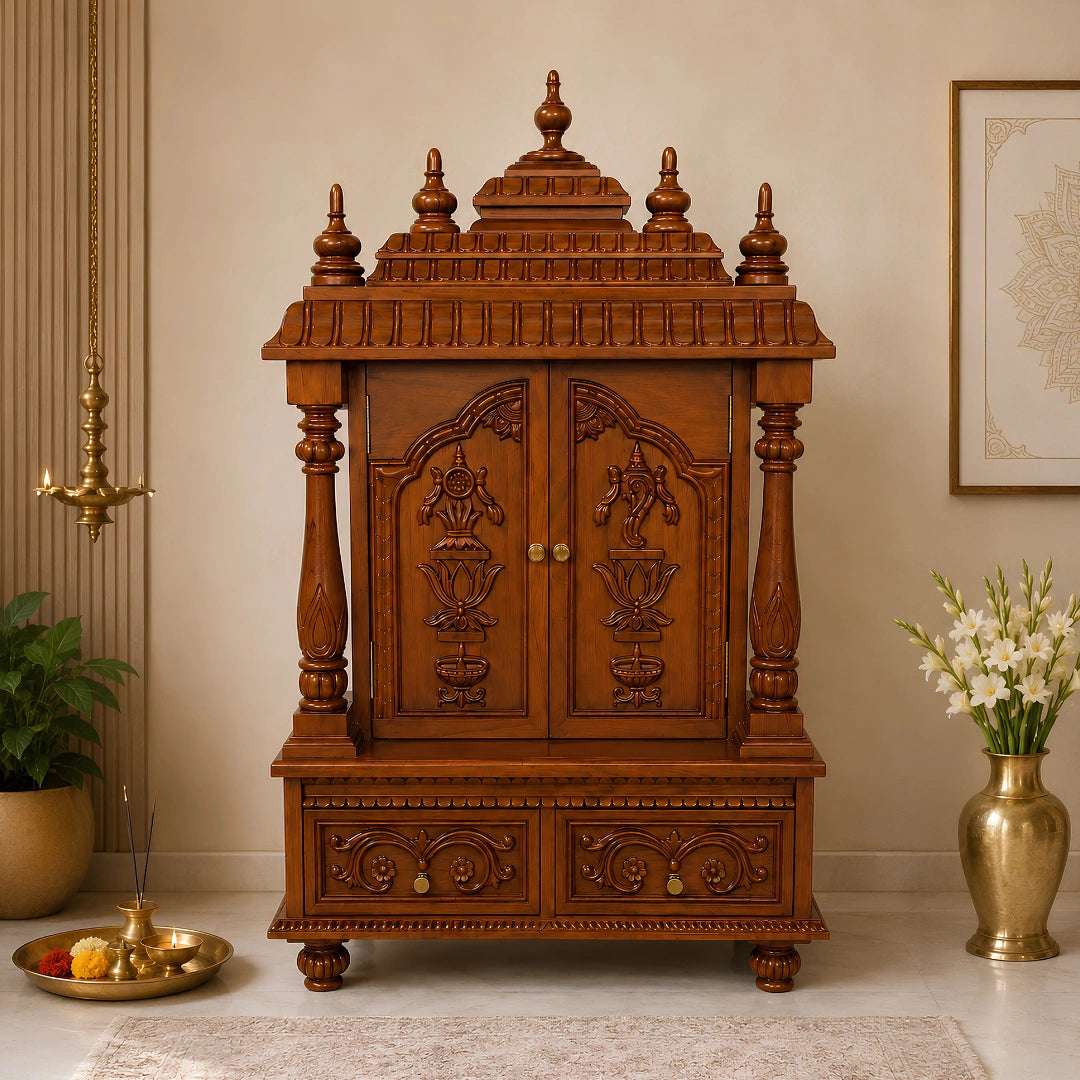 Devayan Teak Wood Pooja Mandir With Doors (Teak) Lifestyle View