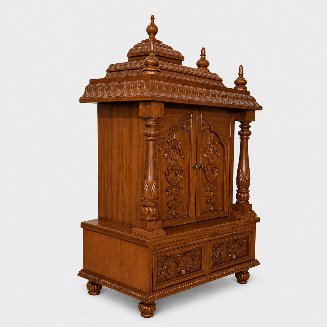 Devayan Teak Wood Pooja Mandir With Doors (Teak) Side View