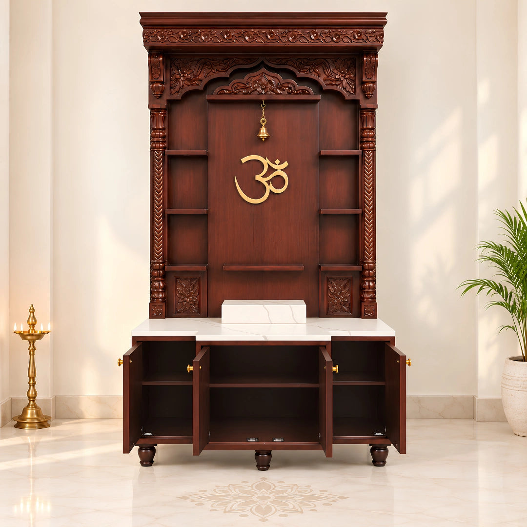 Devstambh Teak Wood Pooja Mandap (Brown) Front View Front View Open Drawers