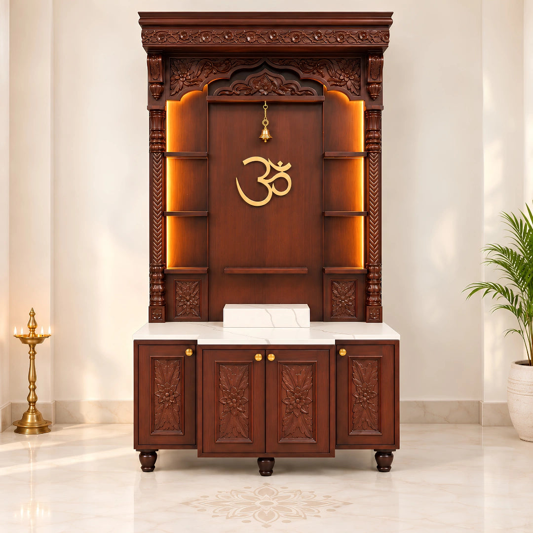 Devstambh Teak Wood Pooja Mandap (Brown) Front View Side Lights