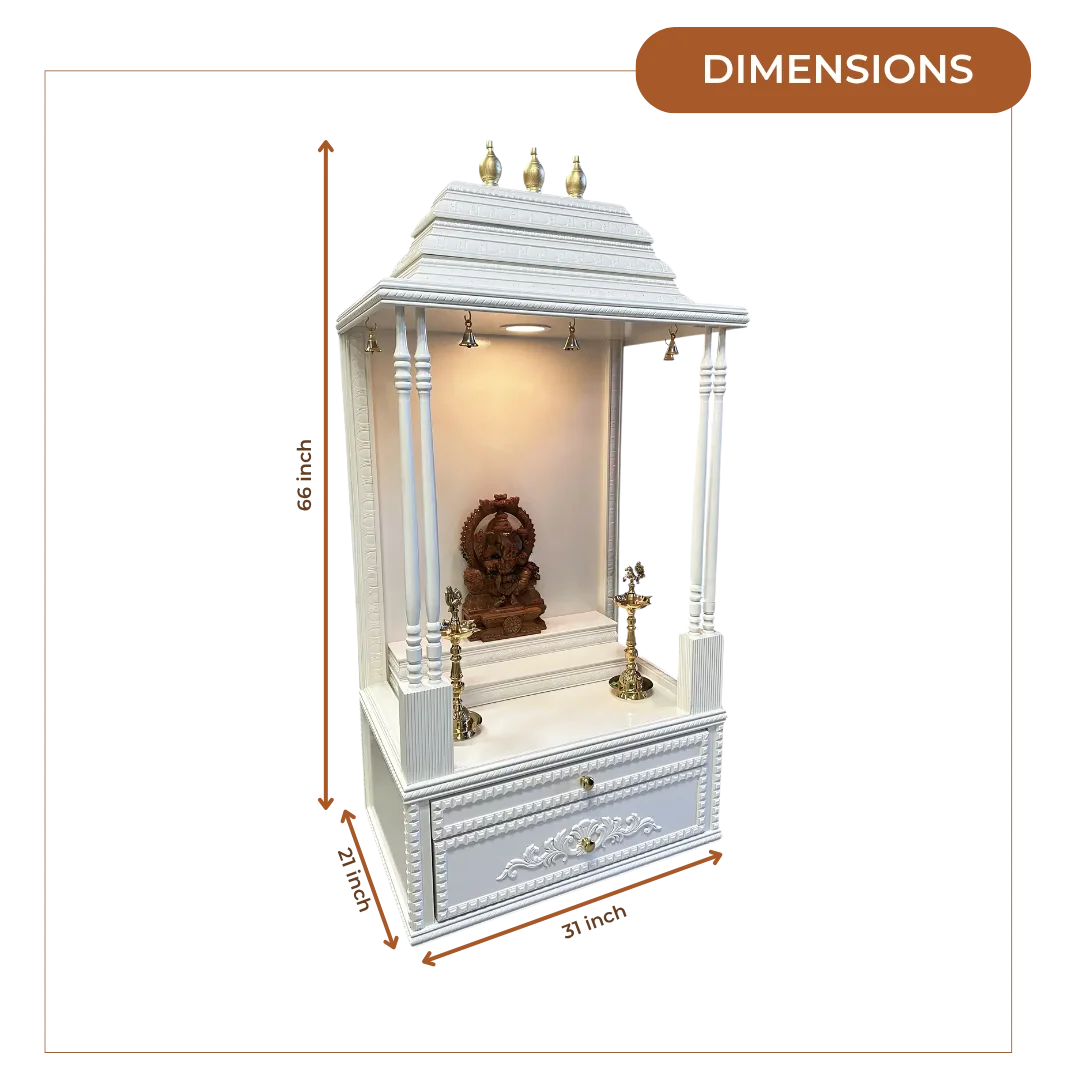 White wooden pooja unit with dimensions indicated on a white background