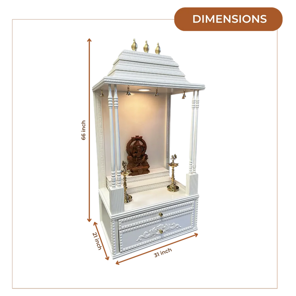 White wooden pooja unit with dimensions indicated on a white background