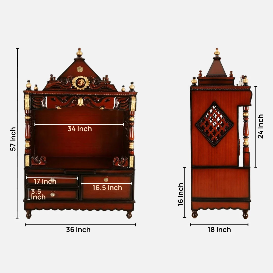 Dimensions Image of Divine Home Large Floor Rested Pooja Mandir without Door (Brown Gold)