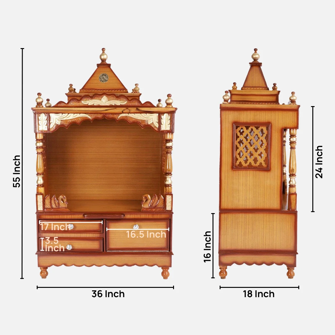 Dimensions Image of Sacred Home Large Floor Rested Pooja Mandir without Door (Teak Gold)