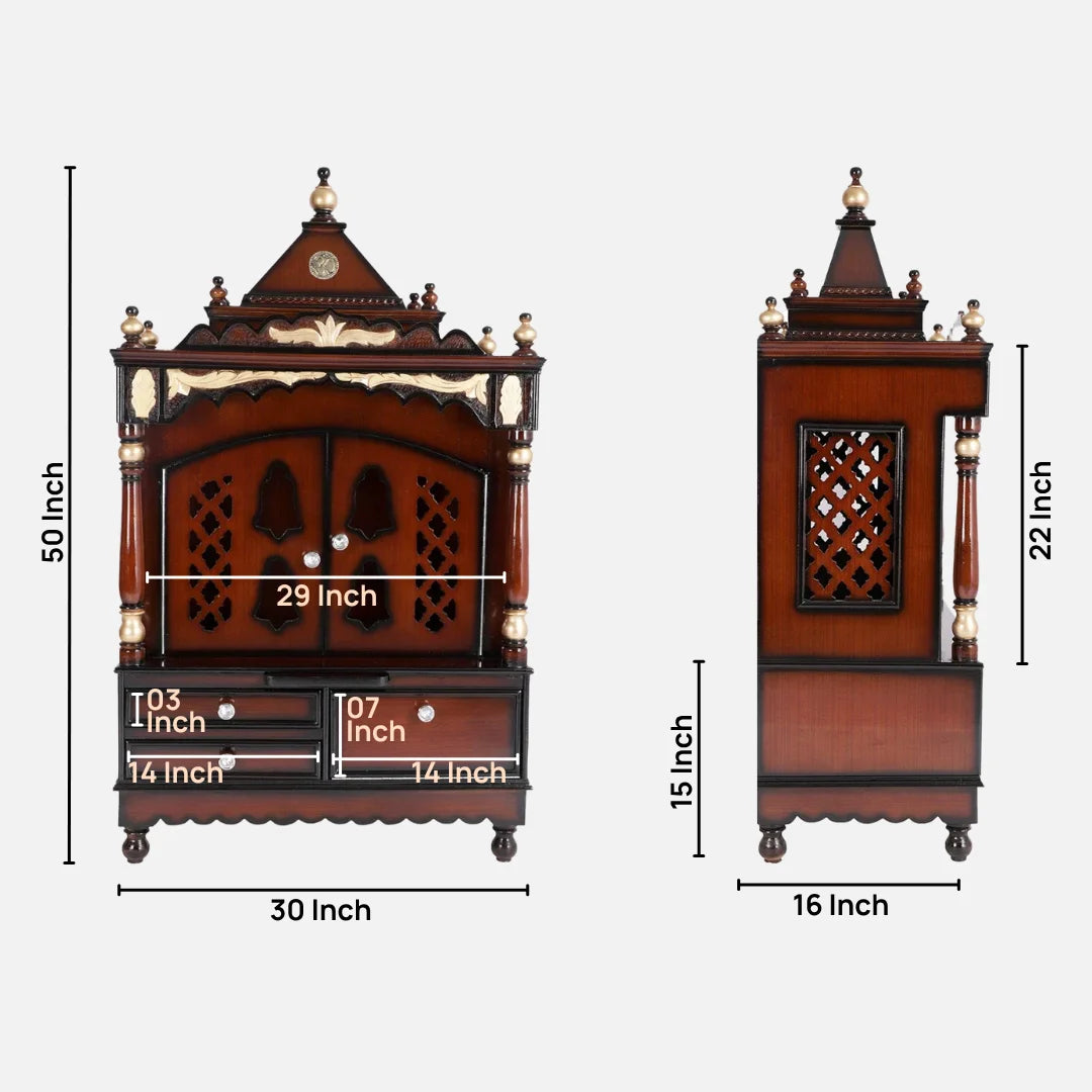 Dimensions Image of Sacred Space Large Floor Rested Pooja Mandir with Door (Brown Gold)