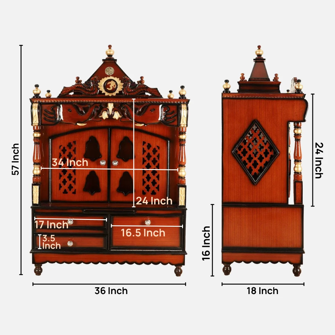 Dimensions image of Divine Home Large Floor Rested Pooja Mandir with Door (Brown Gold)