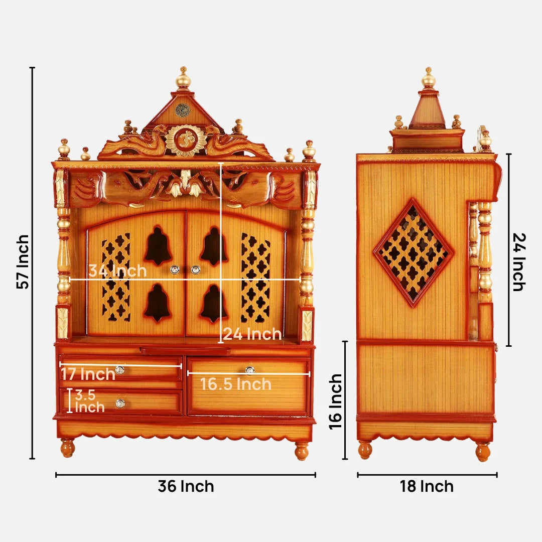 Dimensions image of Divine Home Large Floor Rested Pooja Mandir with Door (Teak Gold)
