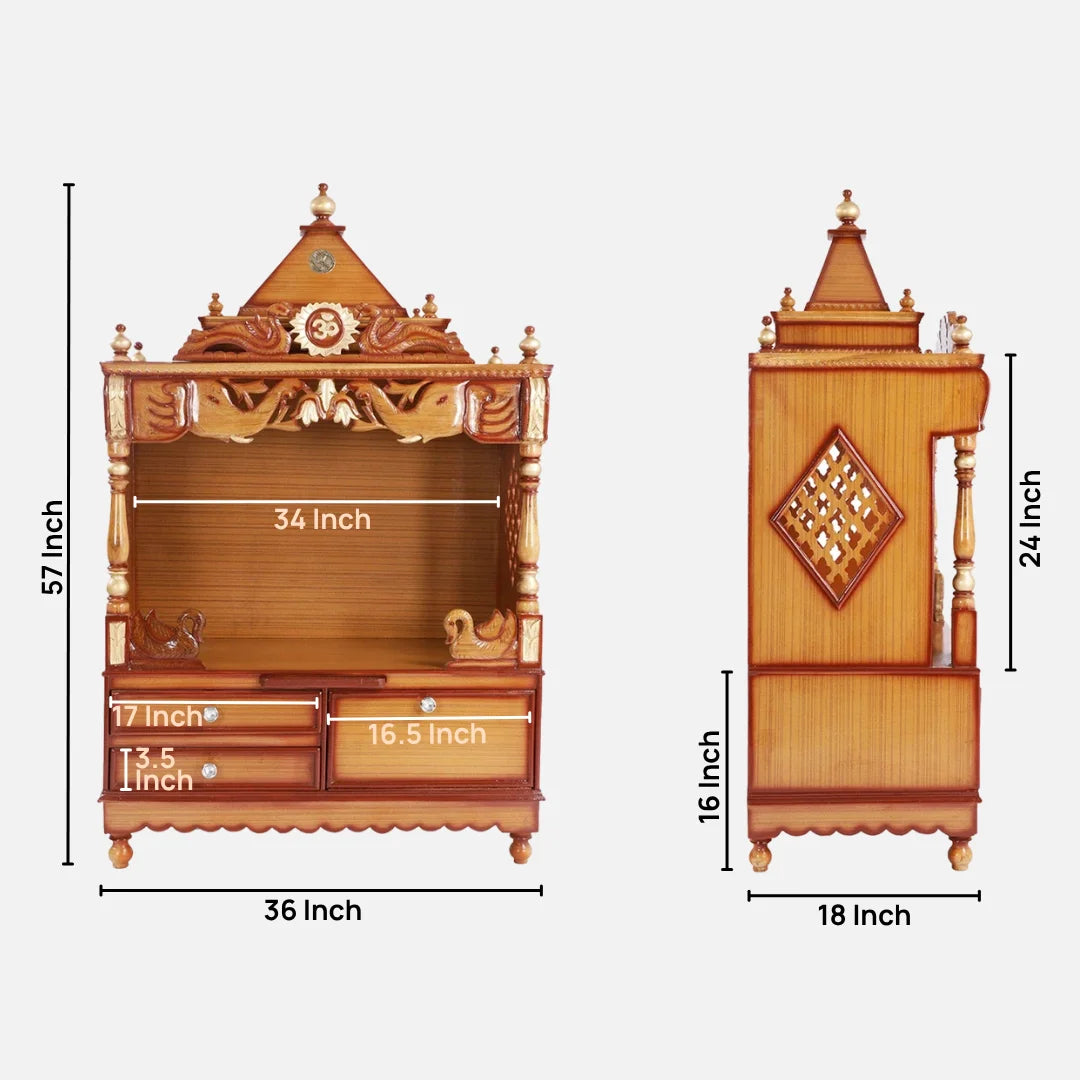 Dimensions Image of Divine Home Large Floor Rested Pooja Mandir without Door (Teak Gold)