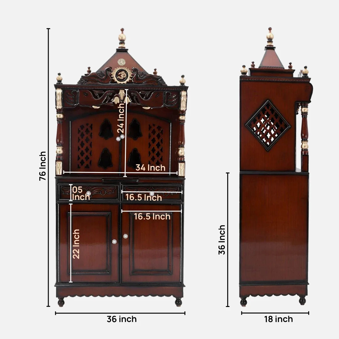 Dimensions image of Divine Palace Large Floor Rested Pooja Mandap with Door (Brown Gold)