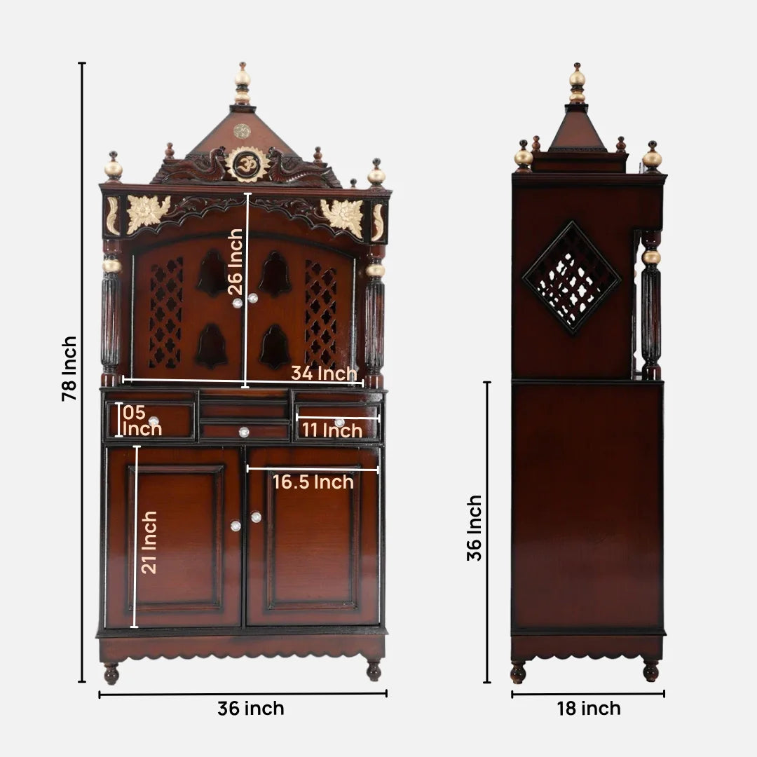 Dimensions image of Pooja Graham Large Floor Rested Pooja Mandap with Door (Brown Gold)