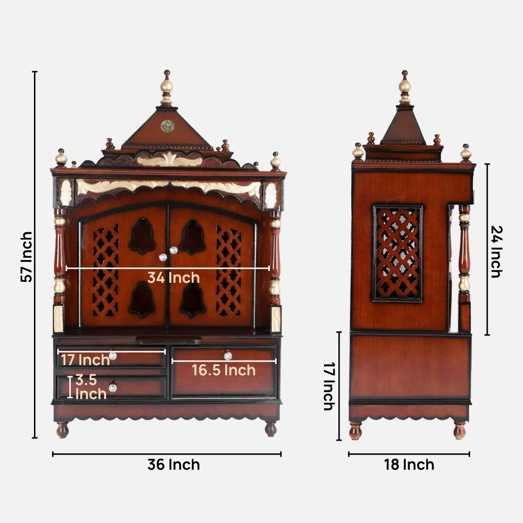 Dimensions image of Sacred Home Large Floor Rested Pooja Mandir with Door (Brown Gold)