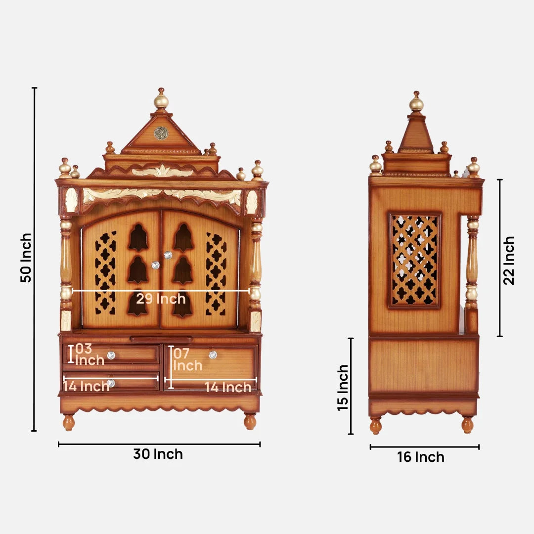 Dimensions image of Sacred Space Large Floor Rested Pooja Mandir with Door (Teak Gold)