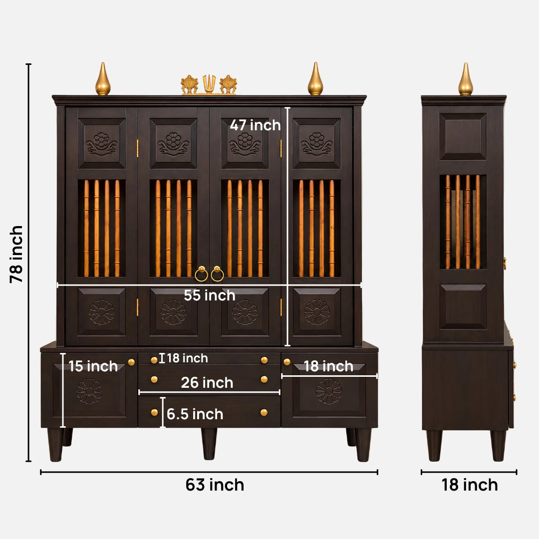 Anandam Teak Wood Pooja Mandap with Door (Brown) Dimensions