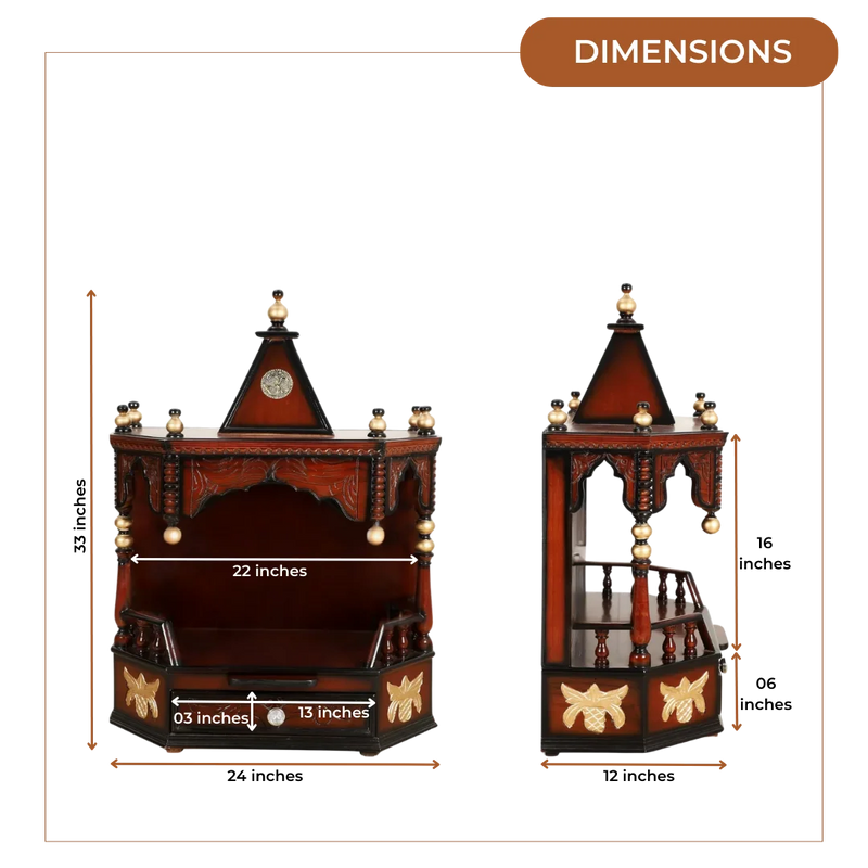 Dimensions of Anugrah Wall Mount Pooja Mandir without Door (Brown Gold)