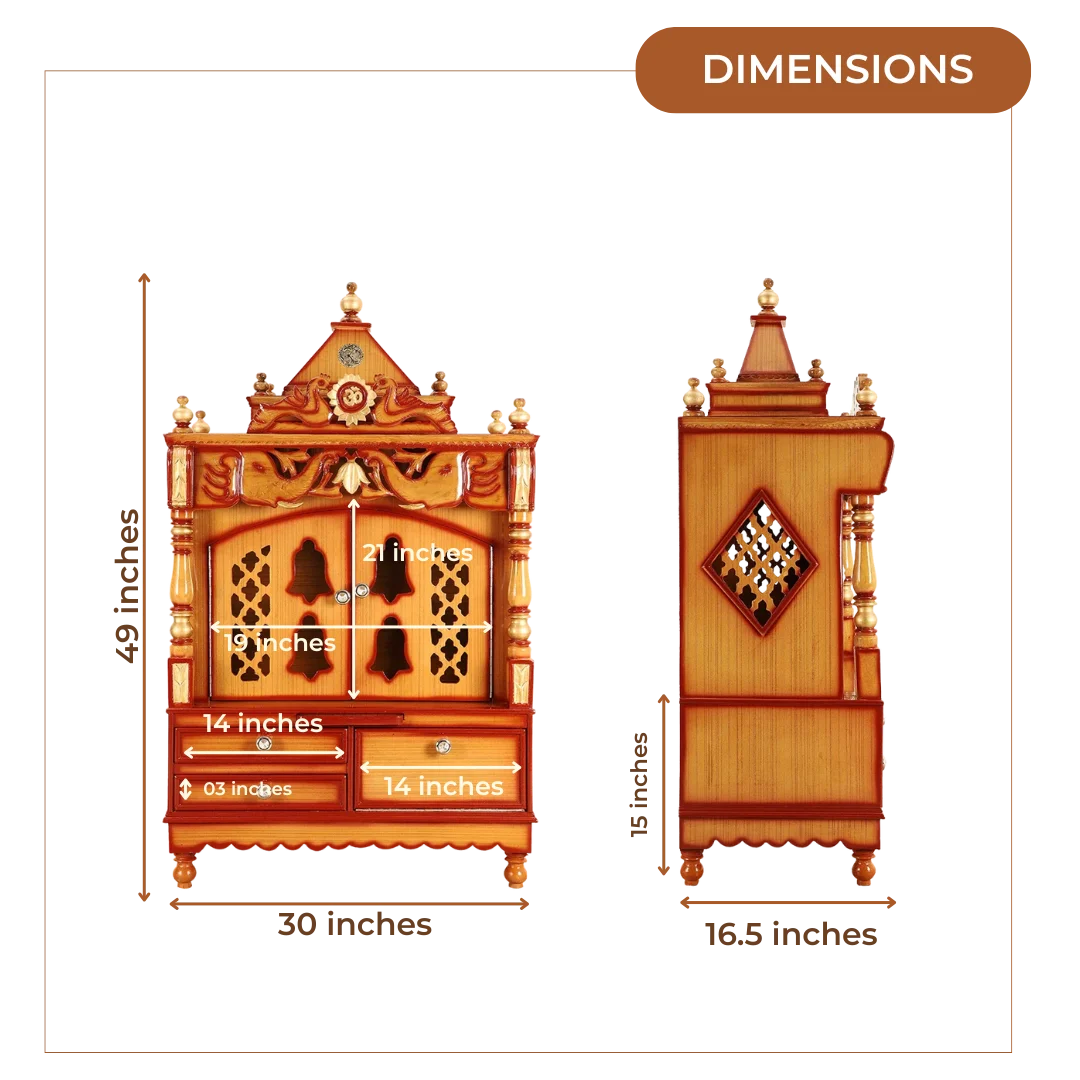 Dimensions of Divine Home Medium Floor Rested Pooja Mandir with Door (Teak Gold)