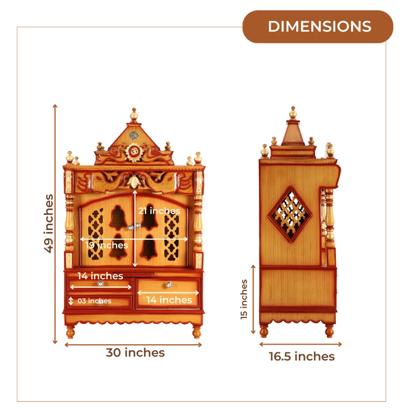 Dimensions of Divine Home Medium Floor Rested Pooja Mandir with Door (Teak Gold)