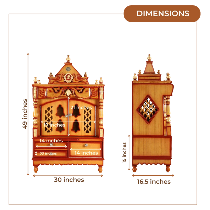 Dimensions of Divine Home Medium Floor Rested Pooja Mandir with Door (Teak Gold)