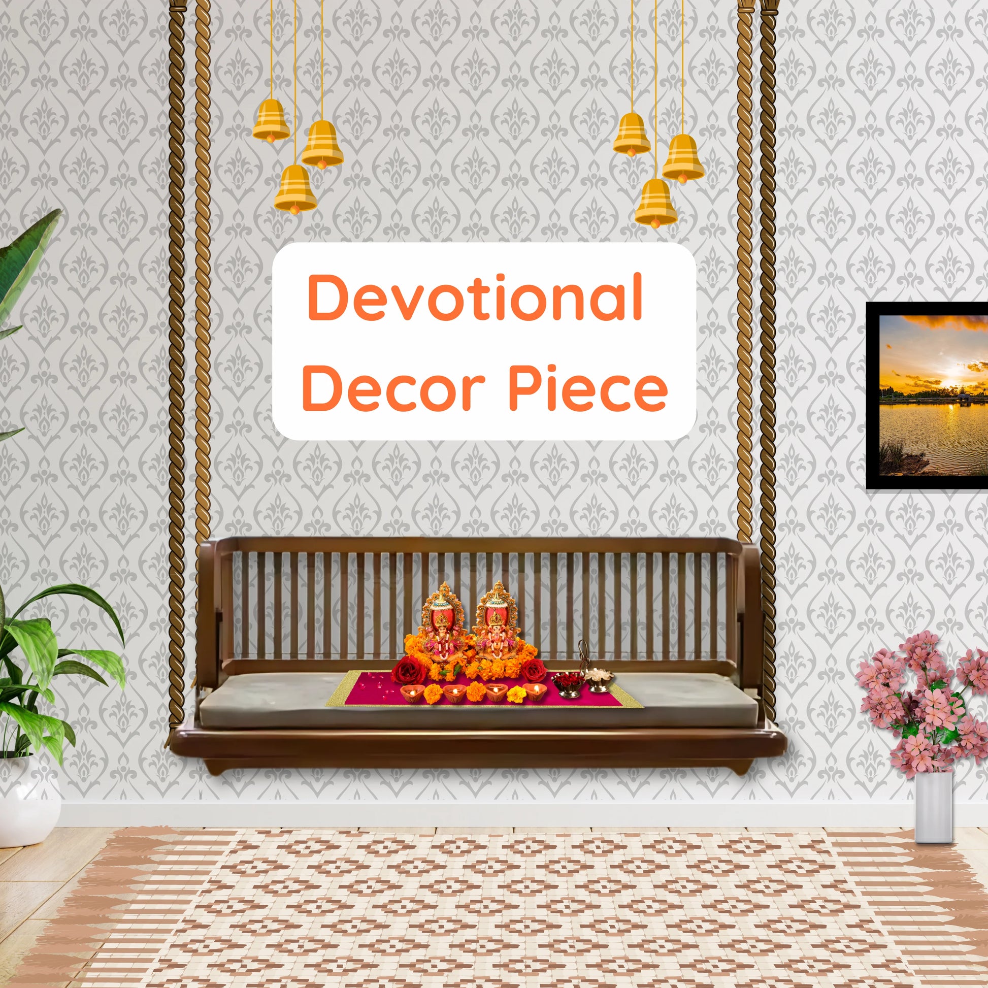 Dimensions of Pink Velvet Pooja Aasan with Golden Border lifestyle view