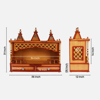 Dimensions of Sunanda Bhawan Large Wall Mount Pooja Mandir without Door (Teak Gold)
