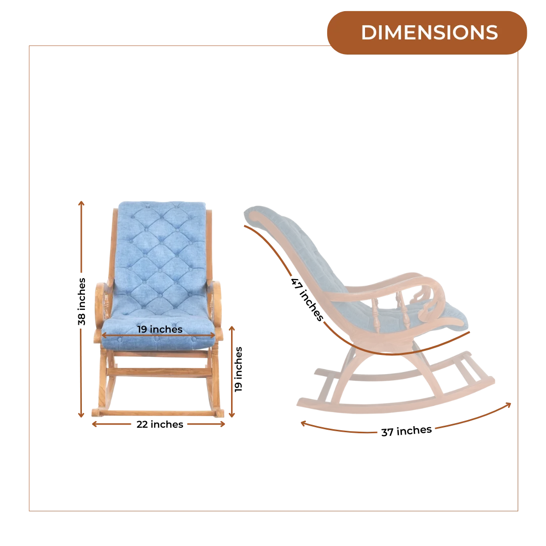 Dimensions of Touffy Fabric Upholstered Teak Wood Rocking Chair (Teak Blue)