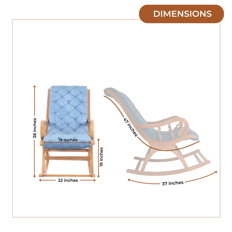 Dimensions of Touffy Fabric Upholstered Teak Wood Rocking Chair (Teak Blue)
