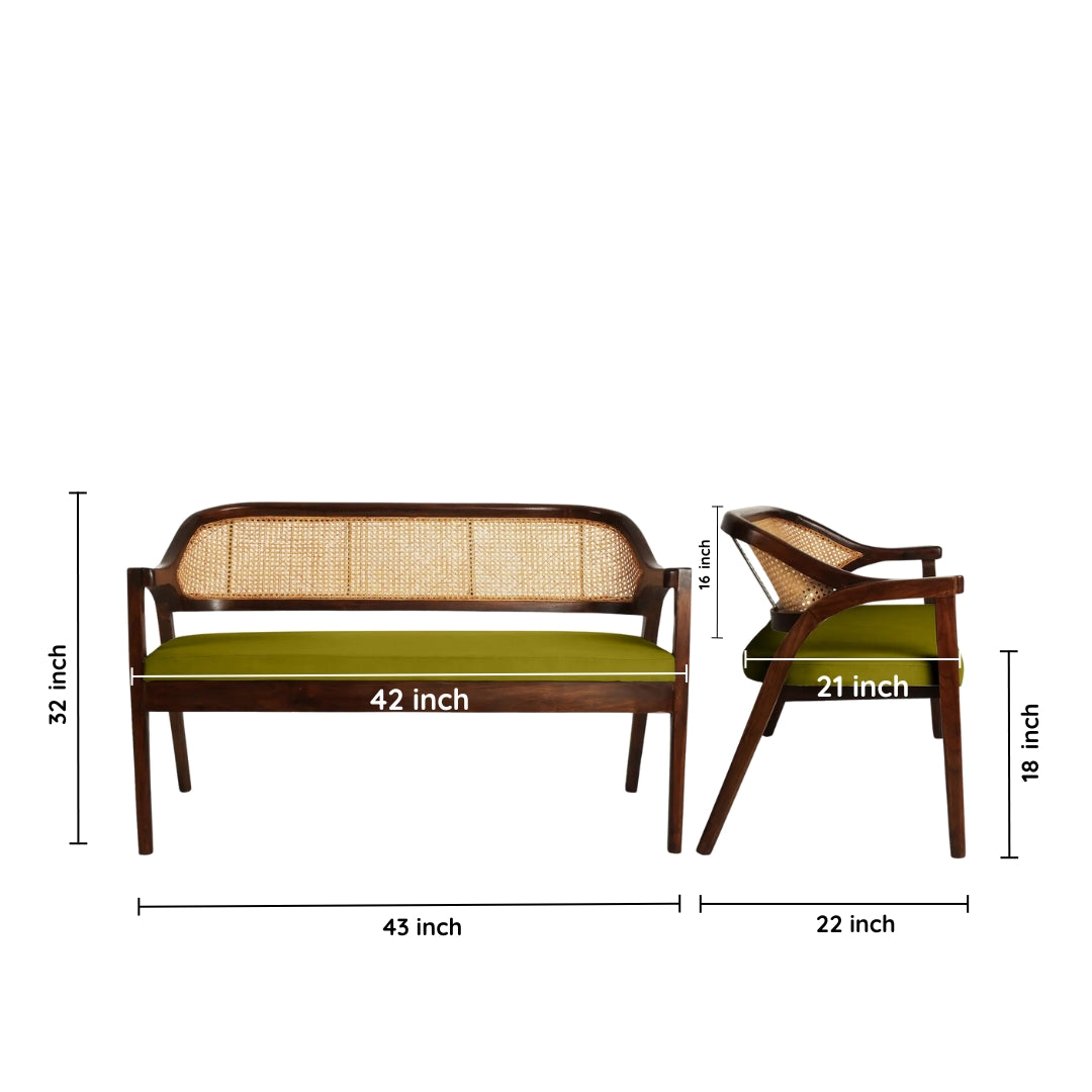 Dimensions view of Arbor Solid Wood Love Sofa (Brown Green)