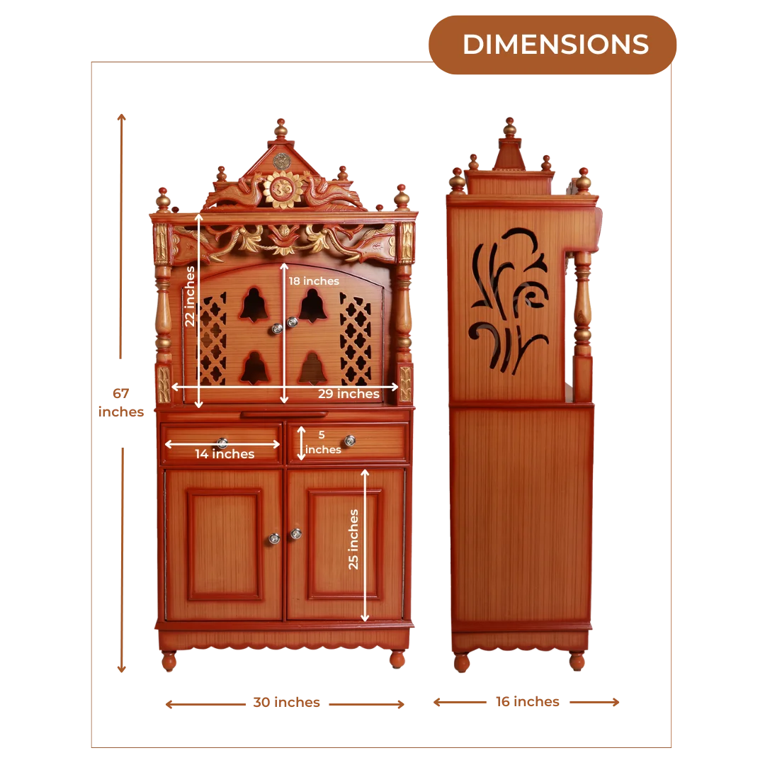 Dimensions Image of Vedashraya Floor Rested Pooja Mandir with Door (Teak Gold)