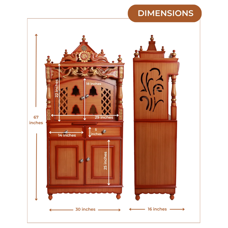 Dimensions Image of Vedashraya Floor Rested Pooja Mandir with Door (Teak Gold)