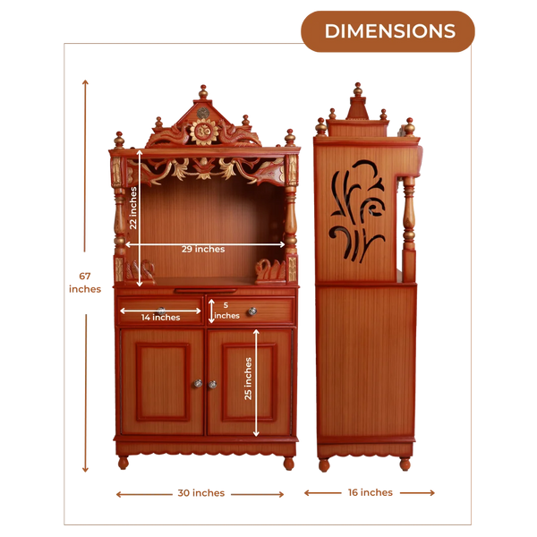 Dimensions Image of Vedashraya Floor Rested Pooja Mandir without Door (Teak Gold)