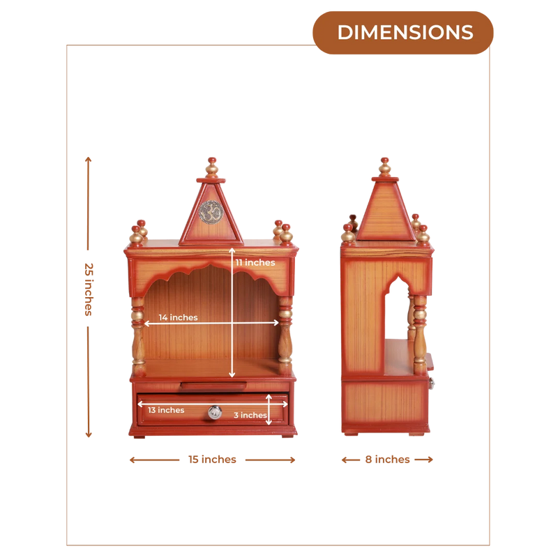 Dimensions of Alaya Wall Mount Pooja Mandir without Door (Teak Gold)