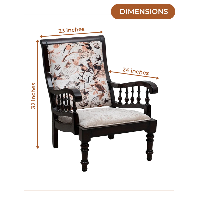 Dimensions of Ancient INDIA Teak Wood Fabric Upholstered Arm Chair (Brown)
