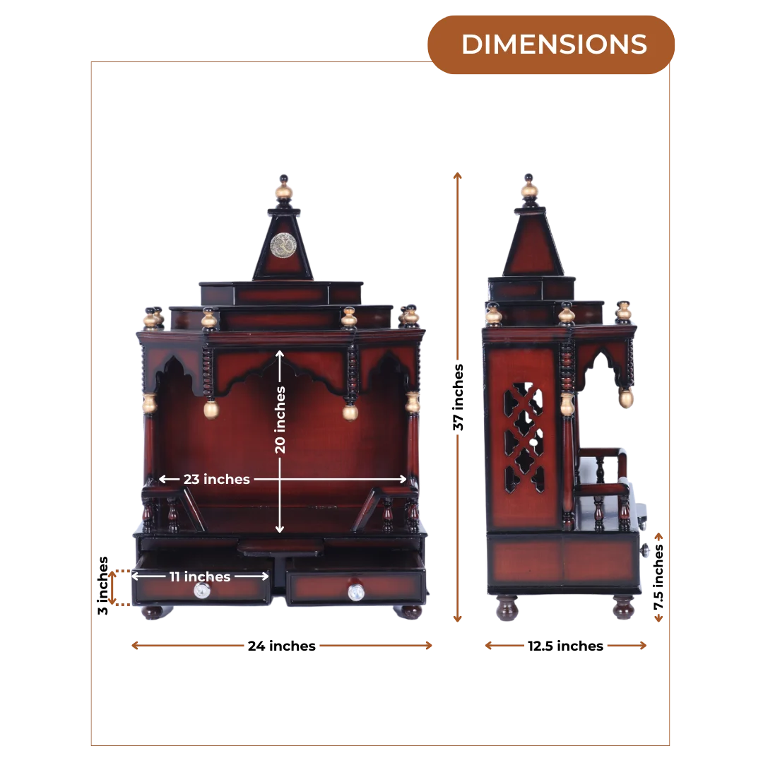 Dimensions of Brahma Shray Teak Wood Floor Rested Pooja Mandir (Brown Gold)