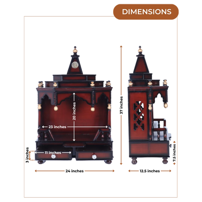 Dimensions of Brahma Shray Teak Wood Floor Rested Pooja Mandir (Brown Gold)