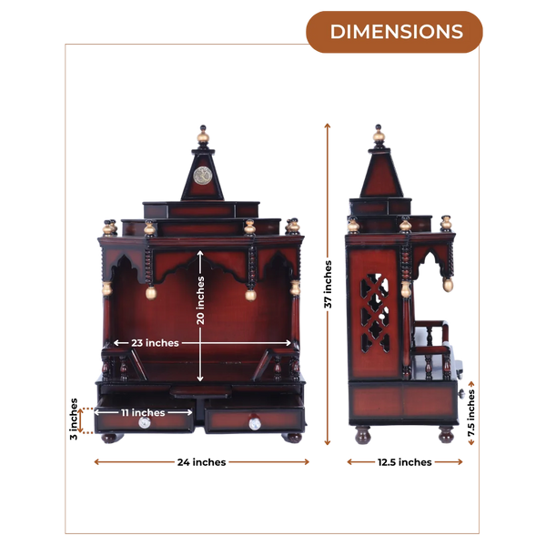 Dimensions of Brahma Shray Teak Wood Floor Rested Pooja Mandir (Brown Gold)