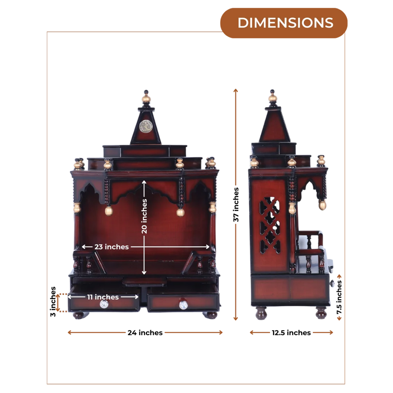 Dimensions of Brahma Shray Teak Wood Floor Rested Pooja Mandir (Brown Gold)