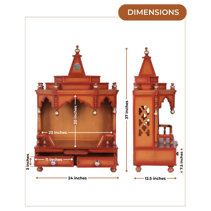 Dimensions of Brahma Shray Teak Wood Floor Rested Pooja Mandir (Teak Gold)