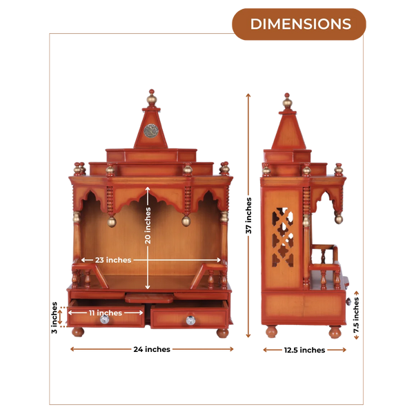 Dimensions of Brahma Shray Teak Wood Floor Rested Pooja Mandir (Teak Gold)